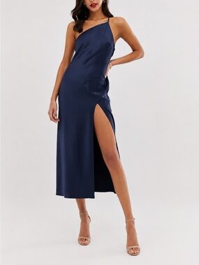 ASOS Design Navy Satin One Shoulder Side Slit Midi Dress NWT US 4